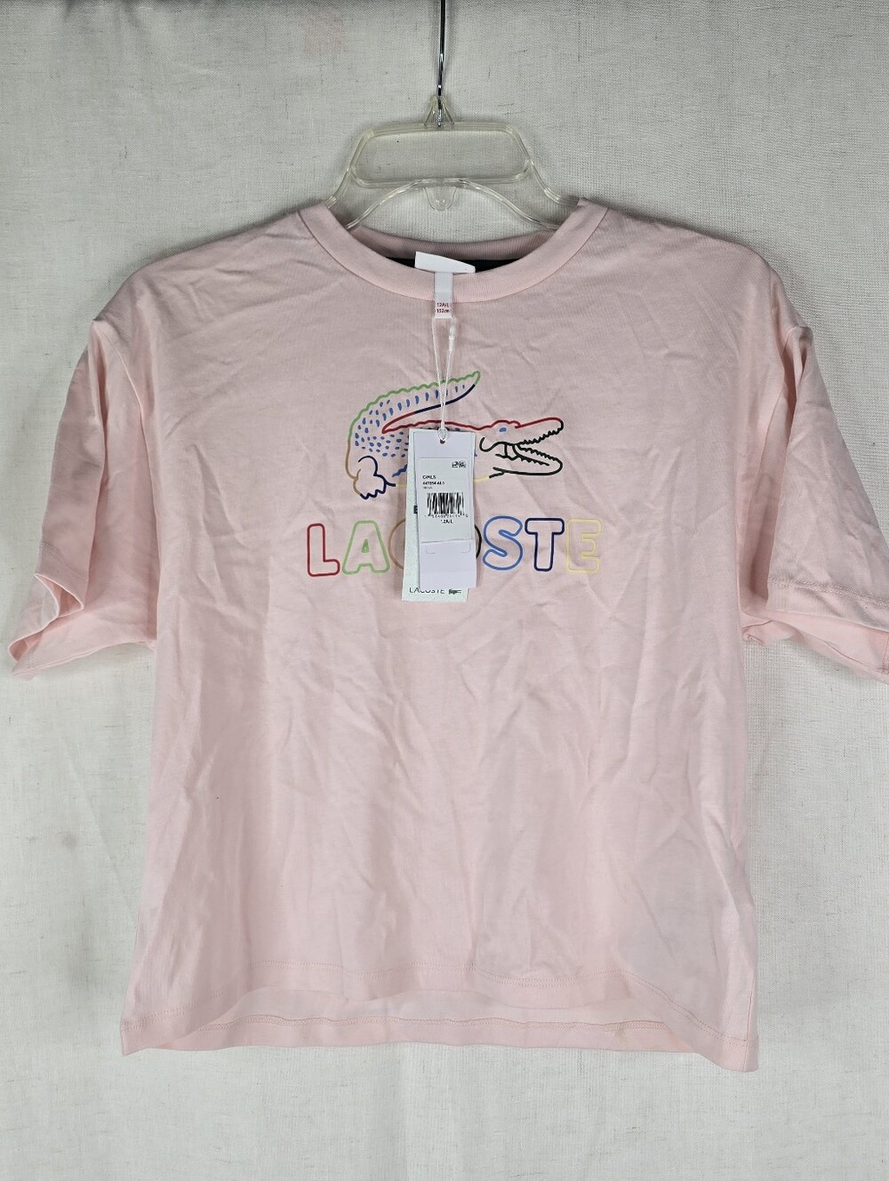 Lacoste Girls Size 12 Cropped Rainbow Graphic Pink Oversized Boxy Tshirt